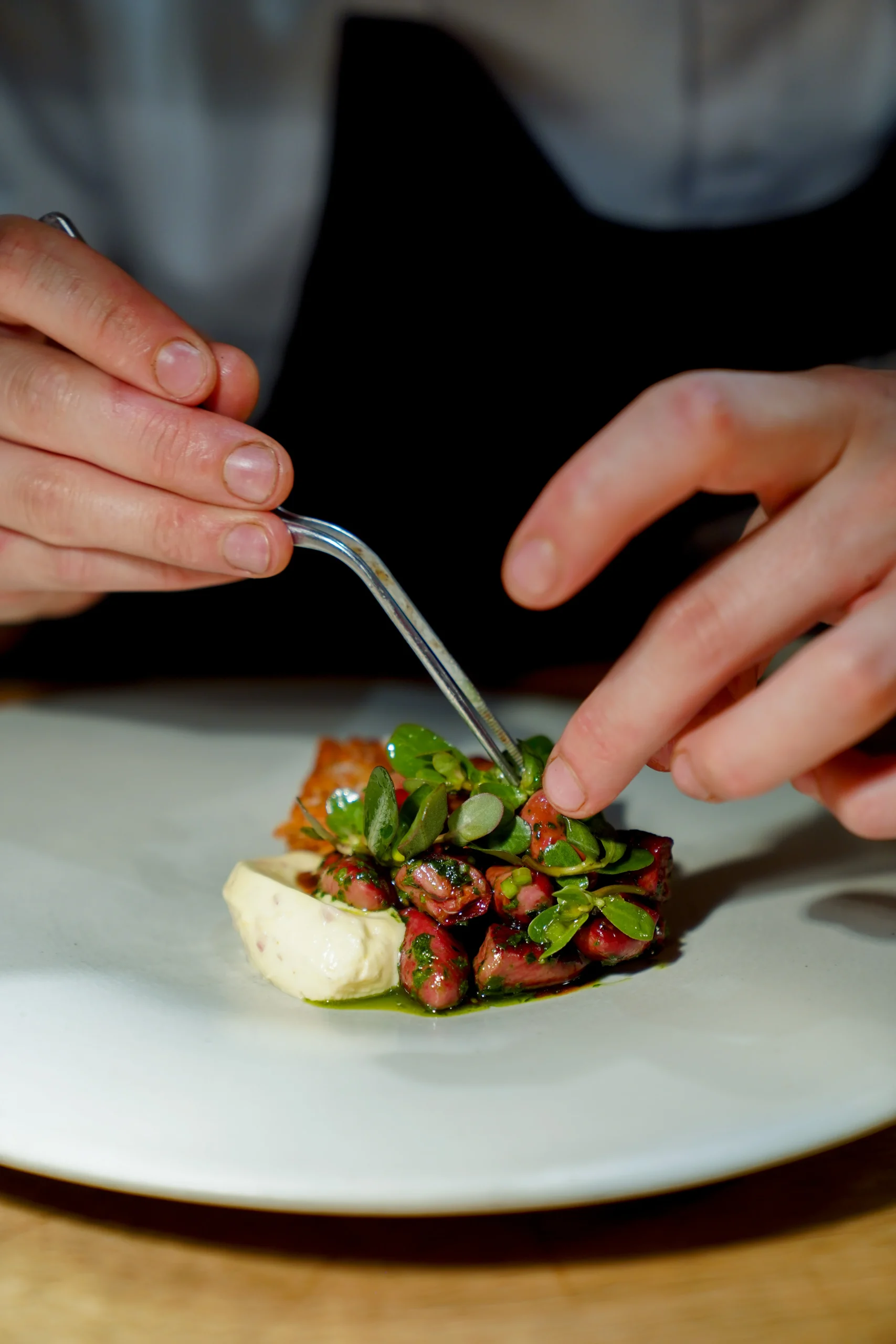 Manos de chef emplatando plato gourmet con frijoles, brotes verdes y crema – fotografía gastronómica en El Chato